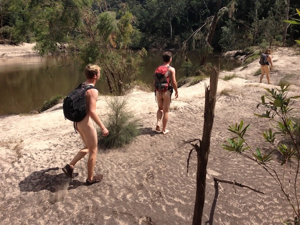 Nude yoga on the banks of the Colo